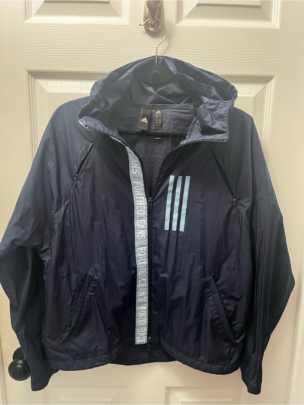 Adidas Women’s Navy Hooded Windbreaker with Light Blue Stripe Detail